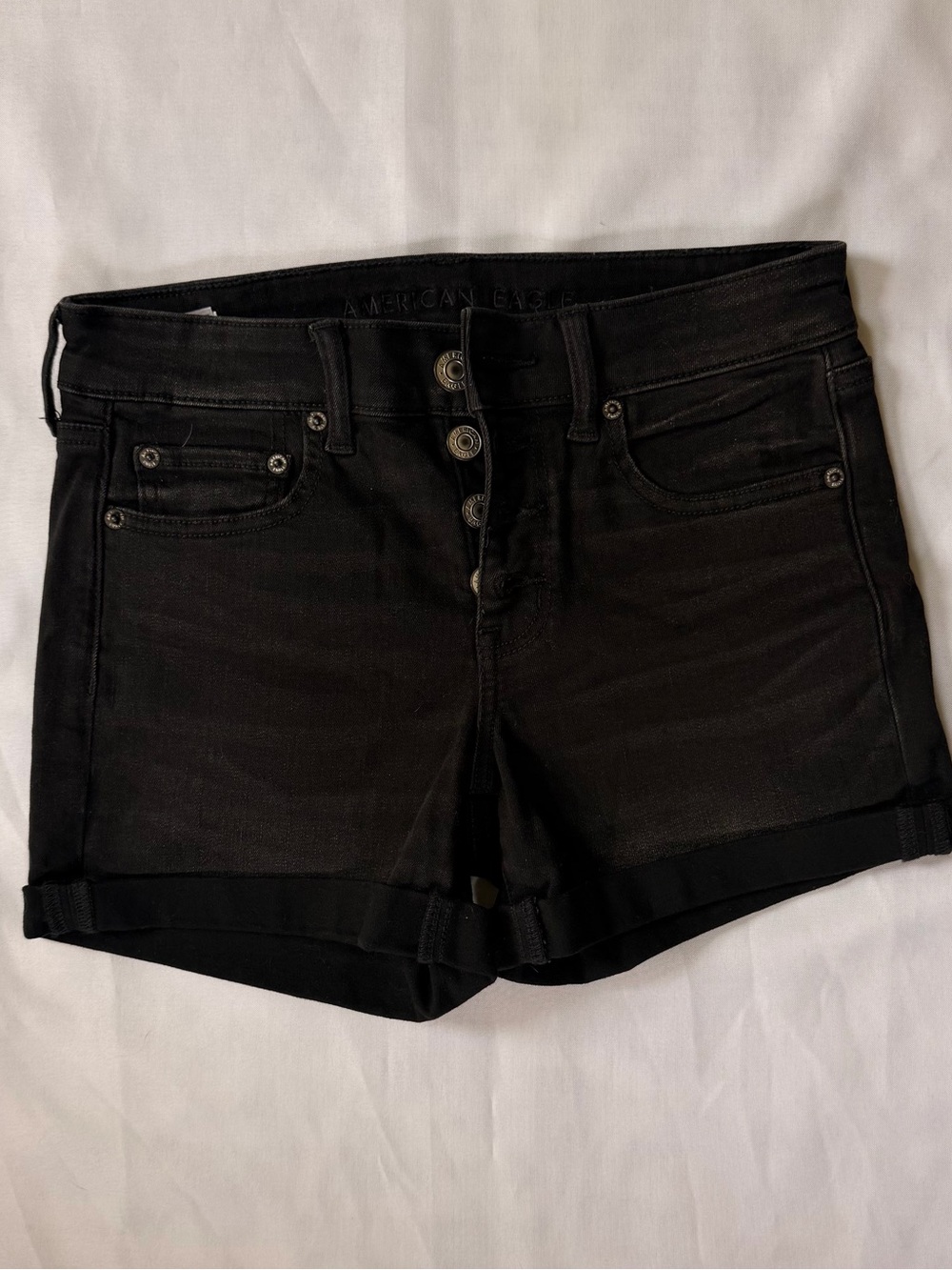 American Eagle Next Level Stretch Black Button Fly Denim Shorts Size 4 NWT